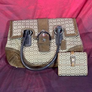 Coach Brown leather, Suede and fabric satchel handbag and matching wallet